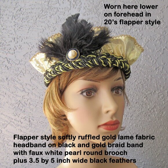 Flapper style softly ruffled gold lame fabric headband on black/gold braid band - Picture 3 of 15